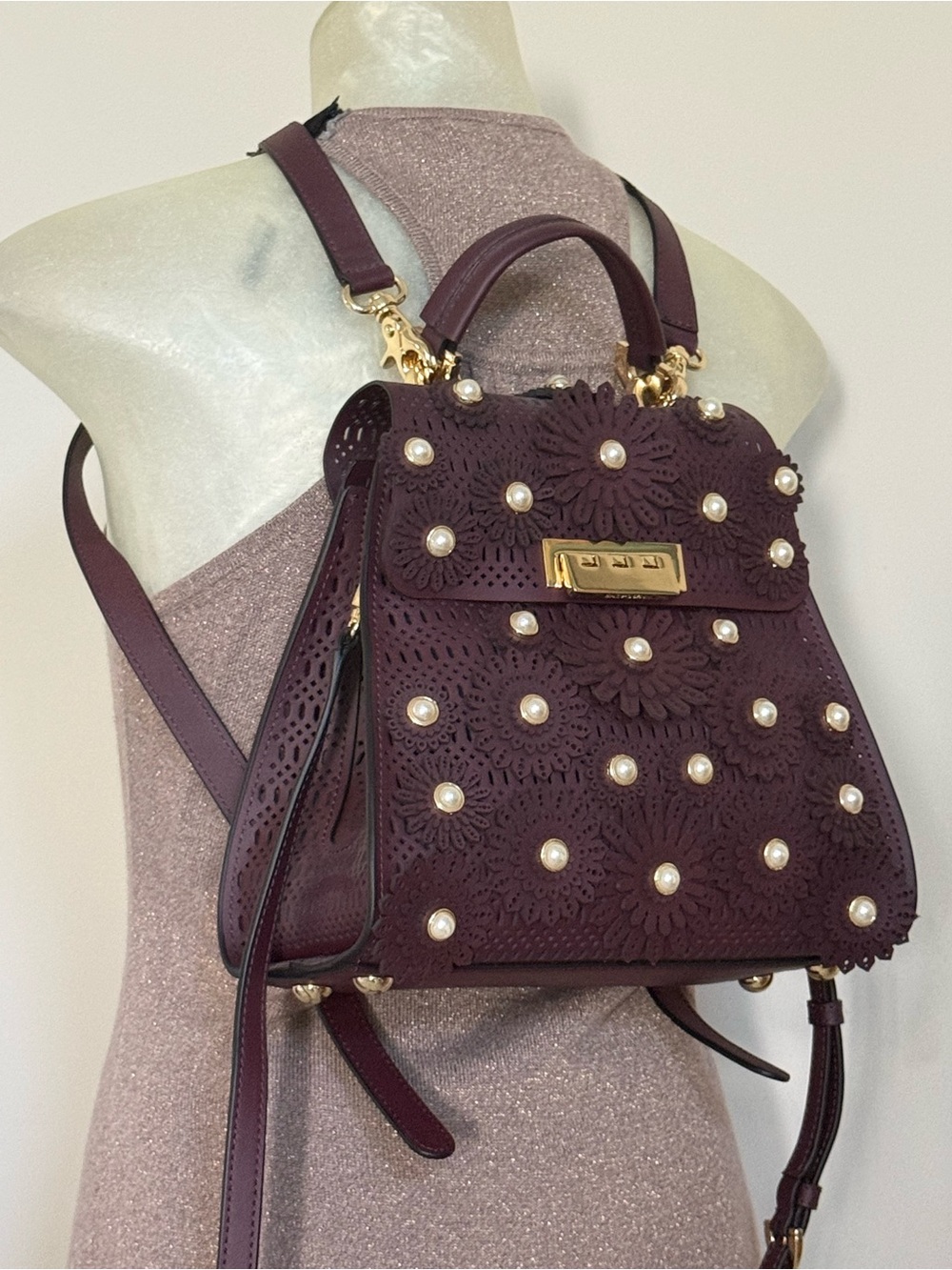 NWT ZAC Zac Posen Eartha Burgundy Perforated Leather Floral Pearl Backpack $630